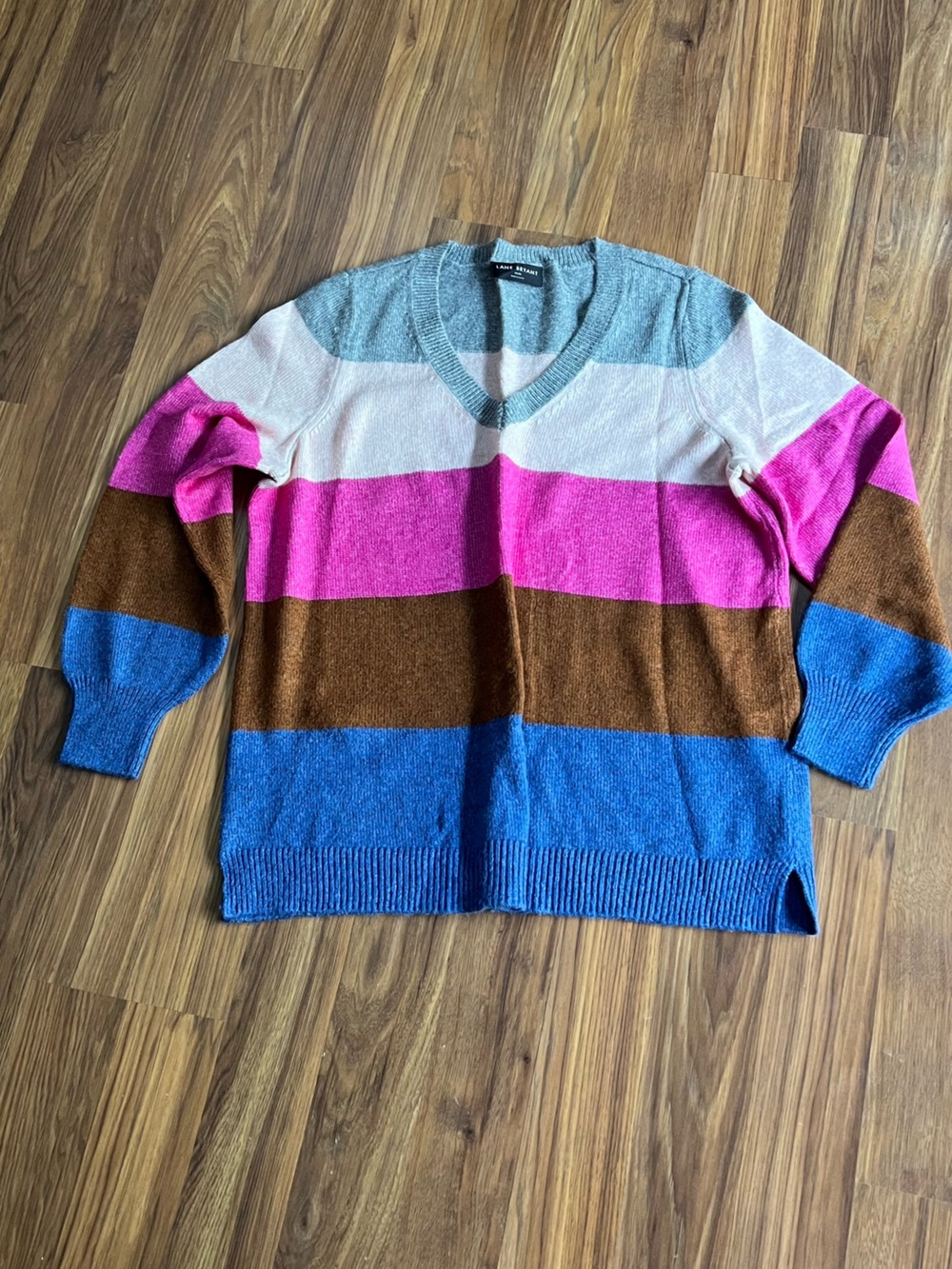 Lane Bryant Off-the-Shoulder Striped Sweater in Blue, Brown, Pink & White